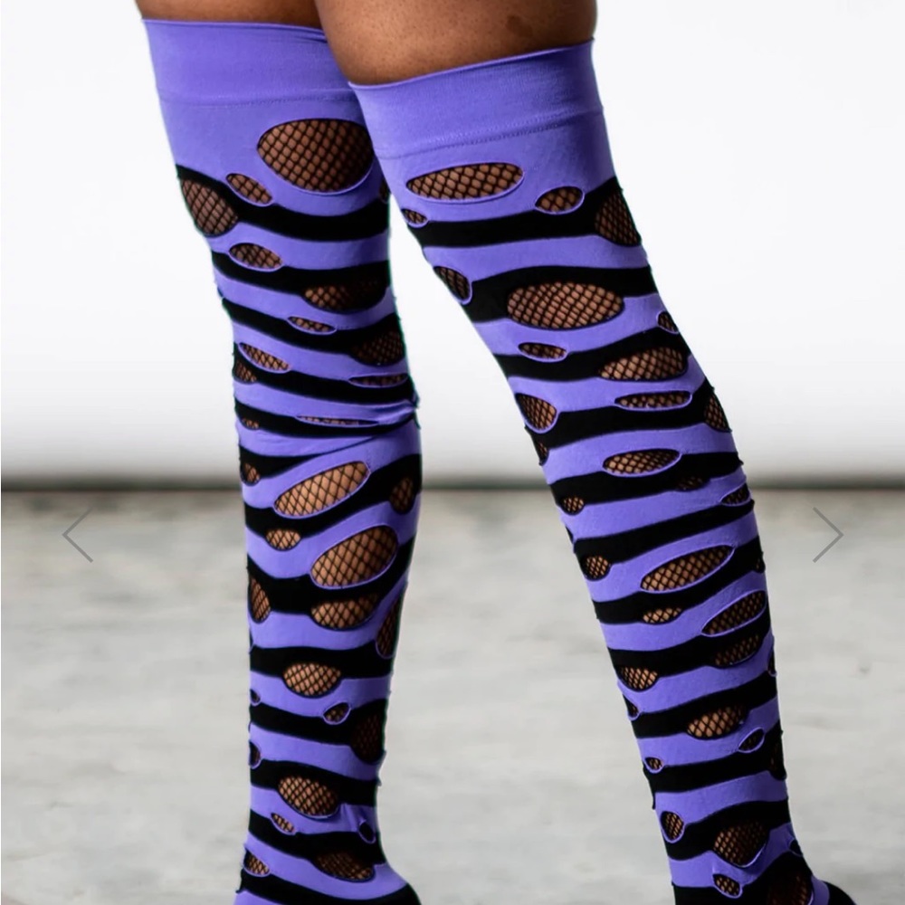 Killstar Black and Purple Lace Cut Out Knee Socks